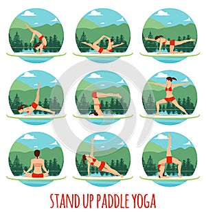 Woman doing Stand Up Paddling Yoga on Paddle Board on Water at lake Mountain landscape Stand Up Paddle Yoga Workout