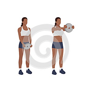 Woman doing  Standing front shoulder plate raises exercise.