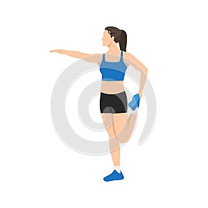 Woman doing Standing quad stretch exercise.