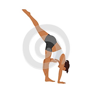 Woman doing Standing split pose urdhva prasarita era padasana exercise photo