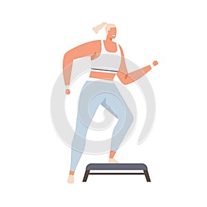 Woman doing step aerobics exercises on stepper platform. Cardio fitness. Person training endurance. Female character