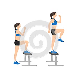 Woman doing Step up with knee raises exercise.