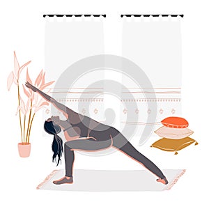 Woman doing stratching. Indoor sport class, Flexibility lesson, girl doing  yoga at home during self isolation cartoon flat illust