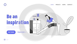 Woman Doing Stretching or Yoga Exercises at Home Website Landing Page. Fitness, Sport Healthy Lifestyle