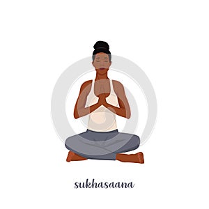 Woman doing sukhasana yoga. meditating in lotus pose, relaxation exercise, Easy Seat pose. asana