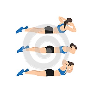 Woman doing Superman twist exercise. Flat vector