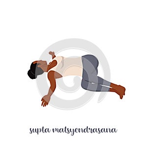 Woman doing Supta Matsyendrasana yoga pose, Reclined Spinal Twist pose