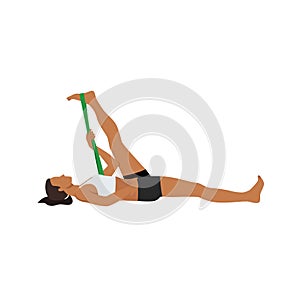 Woman doing Supta Padangusthasana or Reclining hand to big toe pose