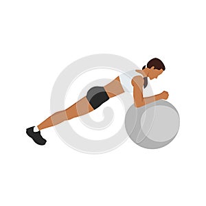 Woman doing Swiss ball plank. abdominals exercise flat vector