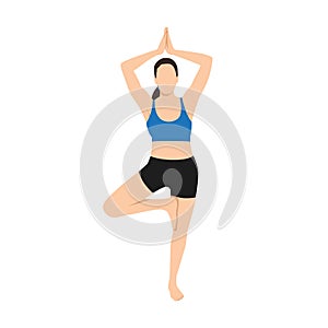 Woman doing tree pose vrksasana exercise. Flat vector