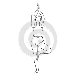 woman doing tree yoga pose healthy exercising in continuous line drawing calligraphic