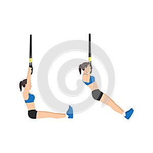 Woman doing TRX pull ups exercise. Flat vector