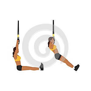 Woman doing TRX pull ups exercise. Flat vector illustration isolated