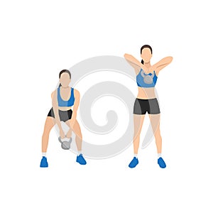 Woman doing Upright kettlebell front rows exercise. Flat vector