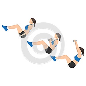 Woman doing V sit curl press exercise. Flat vector