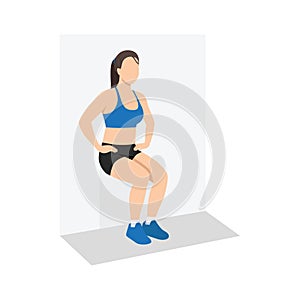 Woman doing wall sit exercise. Flat vector