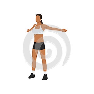 Woman doing Wide arm chest stretch. Reverse butterfly