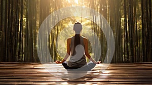 Woman doing yoga on the bamboo path and the sun, with bright rays of light beautifully shining through the trees