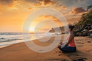 Woman doing yoga at beach - Padmasana lotus pose