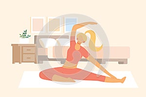 Woman doing yoga in bedroom