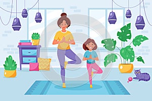 Woman doing yoga with daughter in cozy interior. Family spending time together. Vector illustration