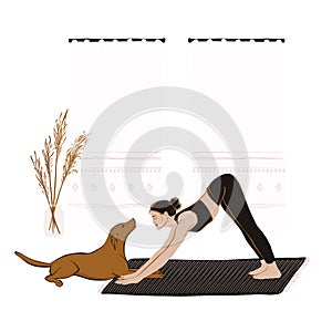 Woman doing yoga with dog at home during coronavirus isolation. Vector cartoon people flat  illustration set, sport activity