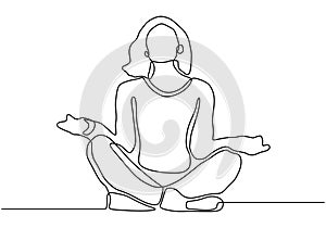 Woman doing yoga exercise continuous one line vector illustration minimalism style. Girl relaxation simplicity design