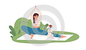 Woman doing yoga exercise with cute dog outdoors. Happy person during stretching workout with pet in nature. Young