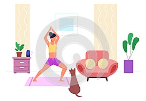 Woman doing yoga exercise in home interior. Stretching training