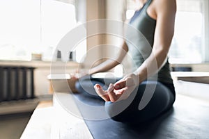 Woman Doing Yoga Exercises In Gym, Closeup Sport Fitness Girl Sitting Lotus Pose