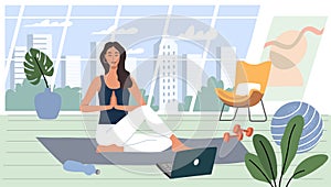 Woman doing yoga exercises and practicing meditation vector. Female character in home interior