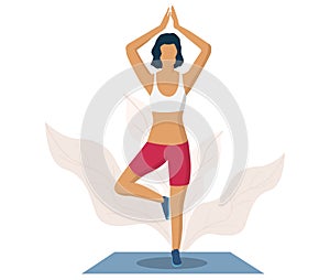 Woman doing yoga exerice, vector illustration. Tree yoga pose or vrksasana. Fitness gym, healthy lifestyle.