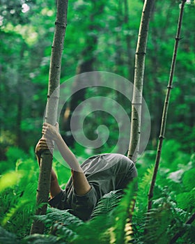 Woman doing yoga in forest bending