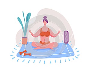 Woman doing yoga at home, calm meditation