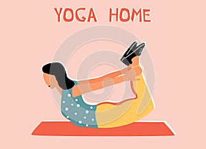 Woman doing yoga at home. Illustration with pose Dhanurasana, Bow Pose