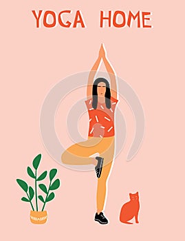 Woman doing yoga at home. Illustration with pose Tree Pose, Vrikshasana