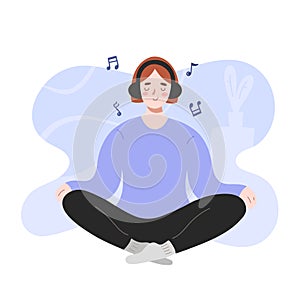 Woman doing yoga, listening to music at home, female character in wireless headphones in lotus position, calm peaceful photo