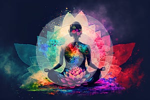 Woman Doing Yoga With Lotus Flowers And Chakra Gradient Colors - Spiritual Contemplation