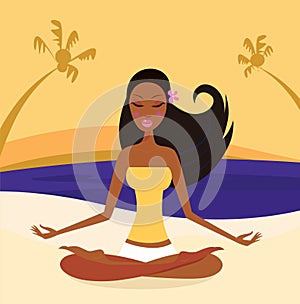 Woman doing yoga lotus position at the beach