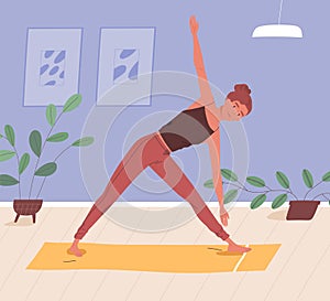 Woman doing yoga on mat at home vector flat illustration. Sportswoman practicing domestic workout. Female enjoying