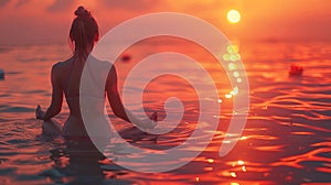 woman doing yoga meditation in sunset, in the style of photo-realistic landscapes. Generative AI