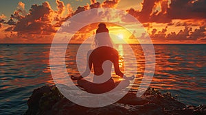 woman doing yoga meditation in sunset, in the style of photo-realistic landscapes. Generative AI