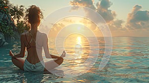 woman doing yoga meditation in sunset, in the style of photo-realistic landscapes. Generative AI