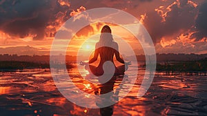 woman doing yoga meditation in sunset, in the style of photo-realistic landscapes. Generative AI