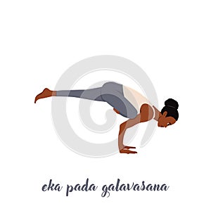 Woman doing yoga, pilates, fitness training, asana Eka Pada Galavasana, Flying Pigeon or flying crow Pose, One-Legged Balance