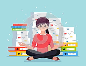 Woman doing yoga. Pile of paper, busy stressed employee with stack of documents in carton, cardboard box. Paperwork. Bureaucracy.