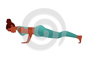 Woman doing yoga pose. Chaturanga pose. Flat vector illustration isolated on white background