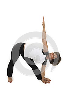 Woman doing yoga pose over white BG