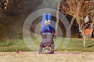 Woman doing yoga on the shore of a lake