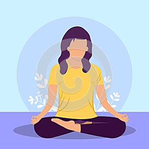 Woman doing yoga in a sitting position flat illustration. A woman wearing a yellow T-shirt doing yoga. Flat illustration of a